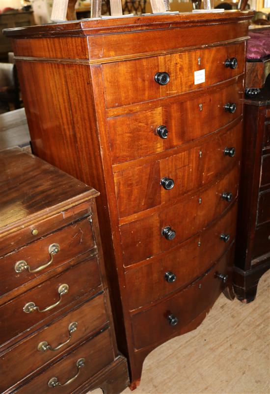 George III style mahogany bow fronted tall chest of six long drawers